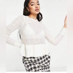 White/ cream sweater (frill hem/ peplum). Bridal, engagement, wedding. Pearl.